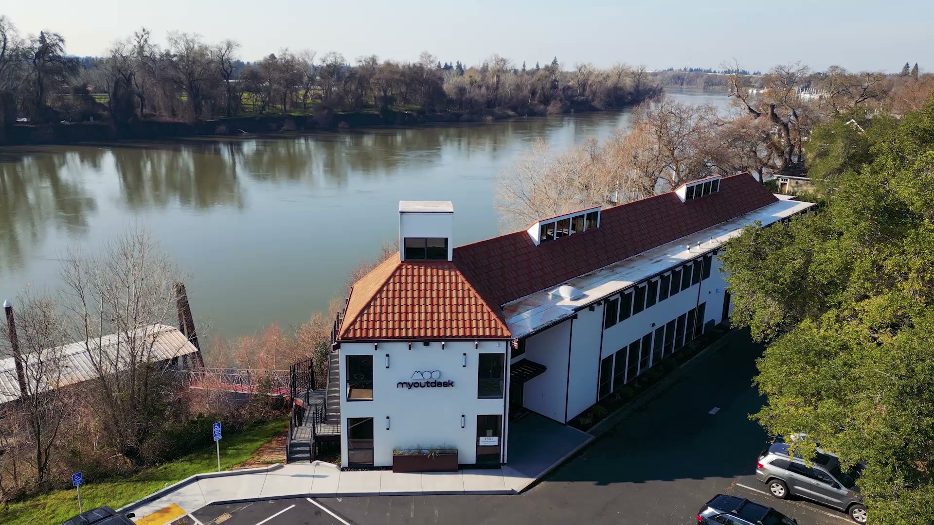 Aerial view of MyOutDesk corporate headquarters in Sacramento, California
