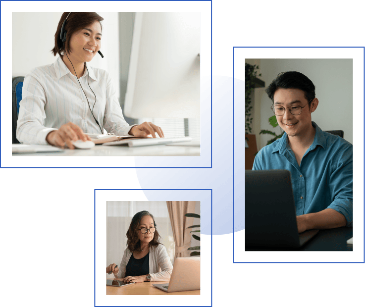 Three people engaged in virtual meetings. Top left: A person with a headset, smiling, providing administrative support. Bottom left: A person with glasses taking notes. Right: A person in a blue shirt working on a laptop. Two overlapping blue circles in the background.