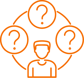 An outline of a person with three large question marks in circles around their head, all connected by curved lines, representing confusion or uncertainty.