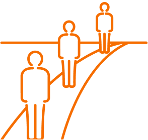 Three orange-outlined human figures stand along two curved lines, symbolizing a path or journey, on a white background. The figures are spaced evenly apart and face forward.