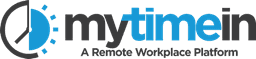 Logo for mytimein: A Remote Workplace Platform offering Virtual Assistant Services, featuring a clock icon on the left and the text mytimein in black and blue, with the tagline below in smaller black letters.