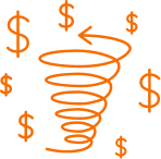 An orange spiral vortex with a left-pointing arrow at the top is surrounded by five orange dollar signs on a transparent background, symbolizing financial chaos or a money whirlwind.