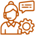An orange icon of a person with a bun, a speech bubble above their head, and a gear symbol in front, representing Meta Marketing communication and technical support or management.