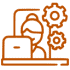 Orange outline icon of a person with hair in a bun working at a laptop, with two gears beside them, suggesting technical support or Meta Marketing tasks.