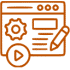 Orange line icon showing a webpage with a gear, a pencil, and a play button, symbolizing website design, content editing, Meta Marketing, or multimedia integration.