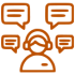 An orange icon of a person wearing a headset, surrounded by four speech bubbles, representing Meta Marketing customer support or communication services.