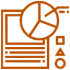 An orange icon representing Meta Marketing, featuring a computer monitor with a pie chart above it and additional small shapes—a square, circle, and arrow—positioned below the chart.