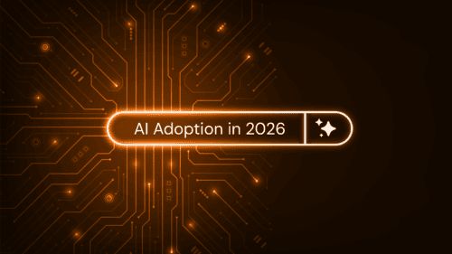A glowing search bar with the text AI Adoption in 2026 centered on a dark background, accented by orange circuit lines and sparkles, evokes a futuristic technology theme focused on upcoming trends.